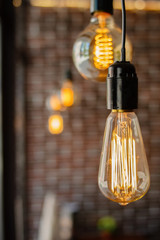 Vintage style light bulb hanging from the ceiling. Decorative lights at home. Old Edison bulb.