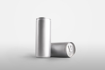 Mockup of long metal cans with a refreshing drink, shiny aluminum container for presentation design.