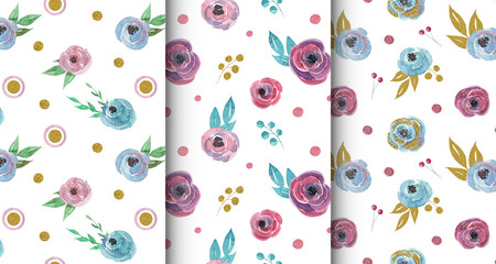 Set of hand drawn watercolor seamless floral patterns with abstract roses and leaves