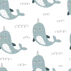 Wall murals Sea waves seamless pattern with cartoon narwhal, decor elements. colorful vector for kids, flat style. Baby design for fabric, textile, print, wrapper.