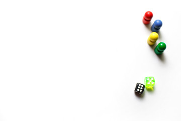 Game cubes, chips, hourglass on a white background. T