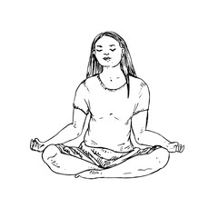 Girl plus size meditating, hand drawn doodle, drawing in gravure style, sketch illustration
