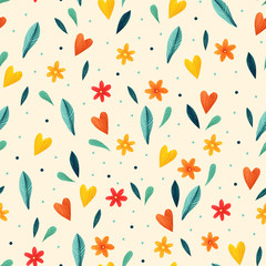 Decorative seamless pattern with decorative flowers and hearts.