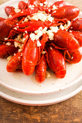 Chinese food with minced garlic and crawfish