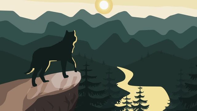 Mountain landscape with a wolf on a rock, which looks at the setting sun and the river