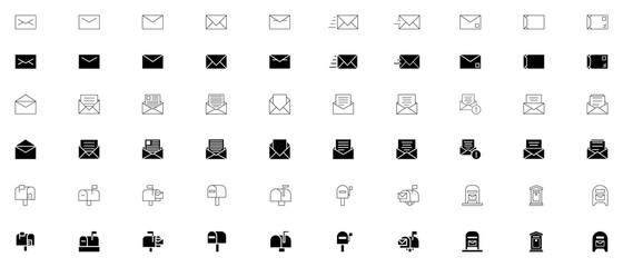 A set of envelope icons with the image of a closed letter. Picture of a mailbox. Linear and painted. Black filed and black outline icons. Vector illustration