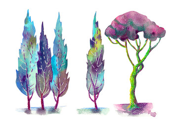 watercolor illustration - southern trees - cypress and pine