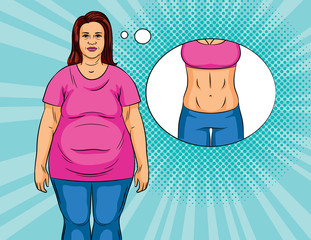Color vector illustration in pop art style. Nice girl overweight. The girl dreams of losing weight. Woman wants to remove belly fat