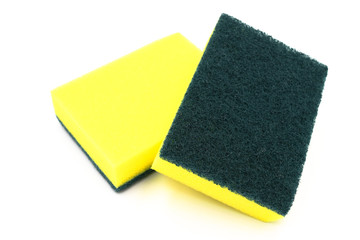 Green scourer isolate on white background.A tool used to scour, usually used to clean cookware. A scourer may be in the form of a mesh  of wiresor a pad with a soft sponge-like side.