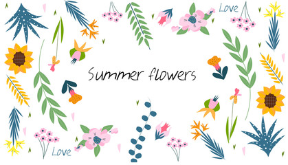 Fototapeta na wymiar Summer flowers. Vector illustration with beautiful summer flowers, for invitation, greeting card, booklet, packaging, design, print, business, books.