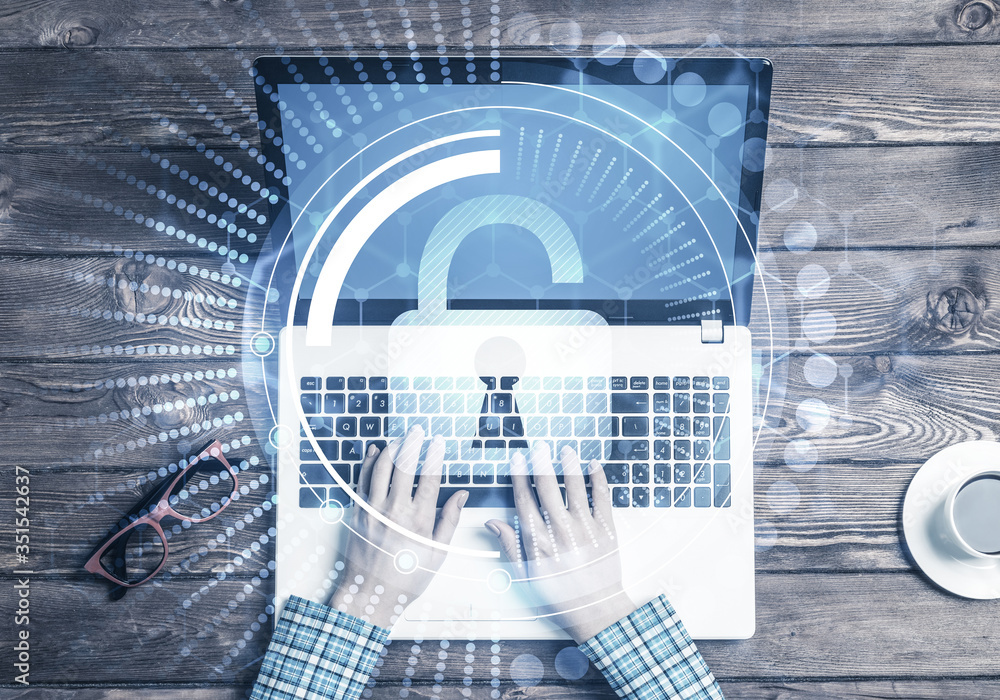 Poster concept of computer access with media lock icon on laptop screen