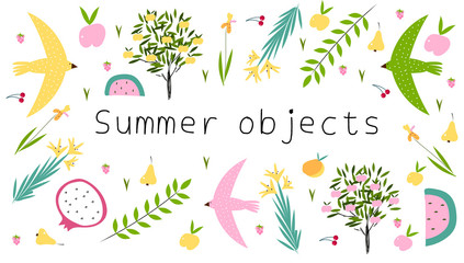 Fototapeta na wymiar Summer objects. Vector illustration with birds, trees, fruits for the background, poster, banner, postcard, packaging, business.