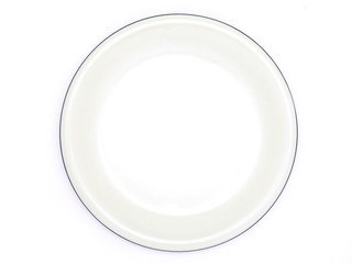 Empty white round dish with blue edge isolated on a white background. Use for home or restaurant, view from above..