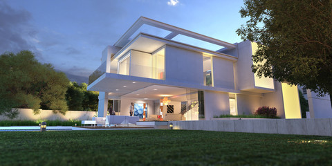 Upscale modern villa with pool and garden - obrazy, fototapety, plakaty