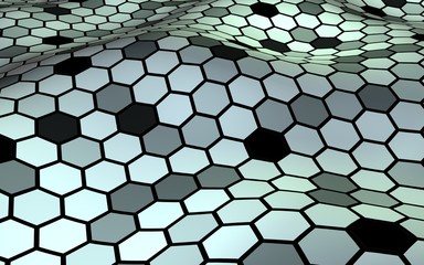 Honeycomb with a gradient color. Perspective view on polygon look like honeycomb. Wavy surface. Isometric geometry. 3D illustration