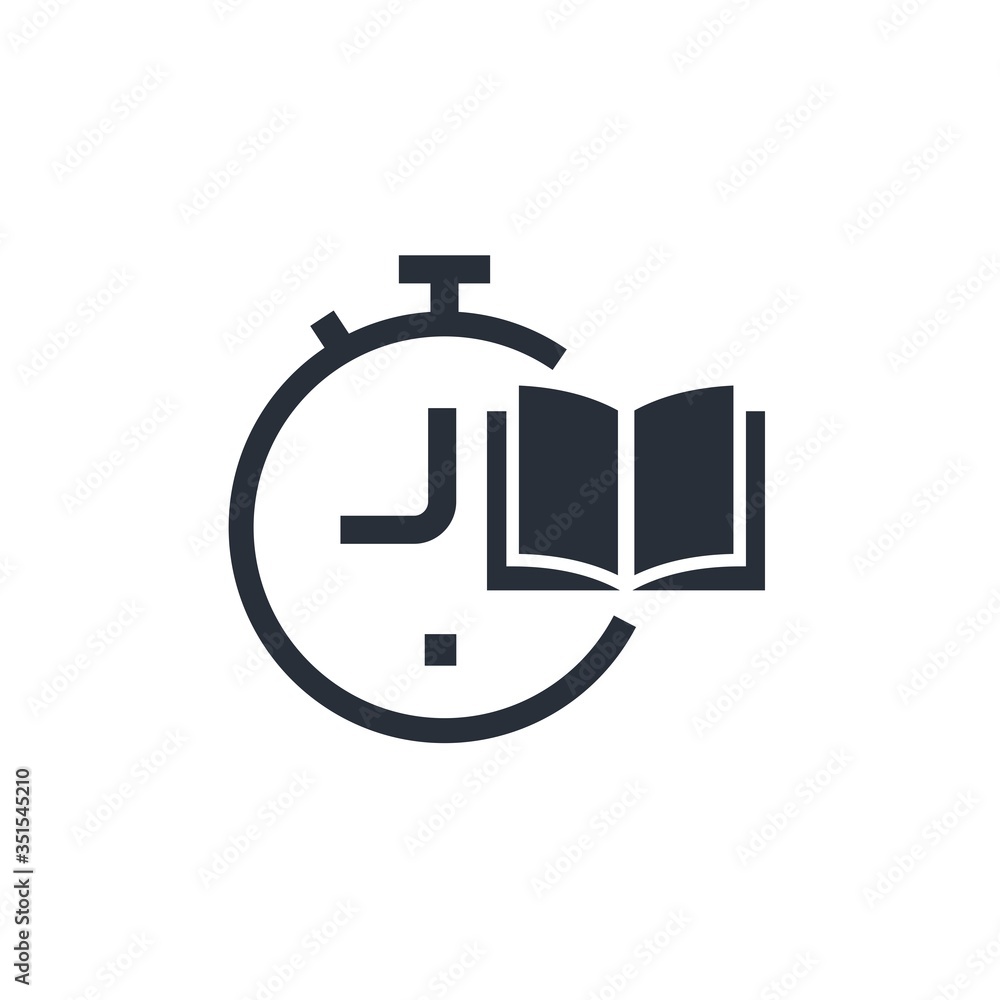 Poster open book and clock. study time. vector icon isolated on white background.