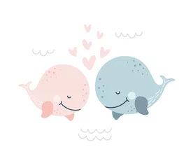Cercles muraux Baleine Romantic greeting card with two whales. Vector Illustration of cute loving couple. Card about friendship and love. Valentine s Day card, poster or print template