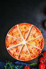 pizza sausage, tomato sauce, cheese Menu concept, food background, diet top view copy space