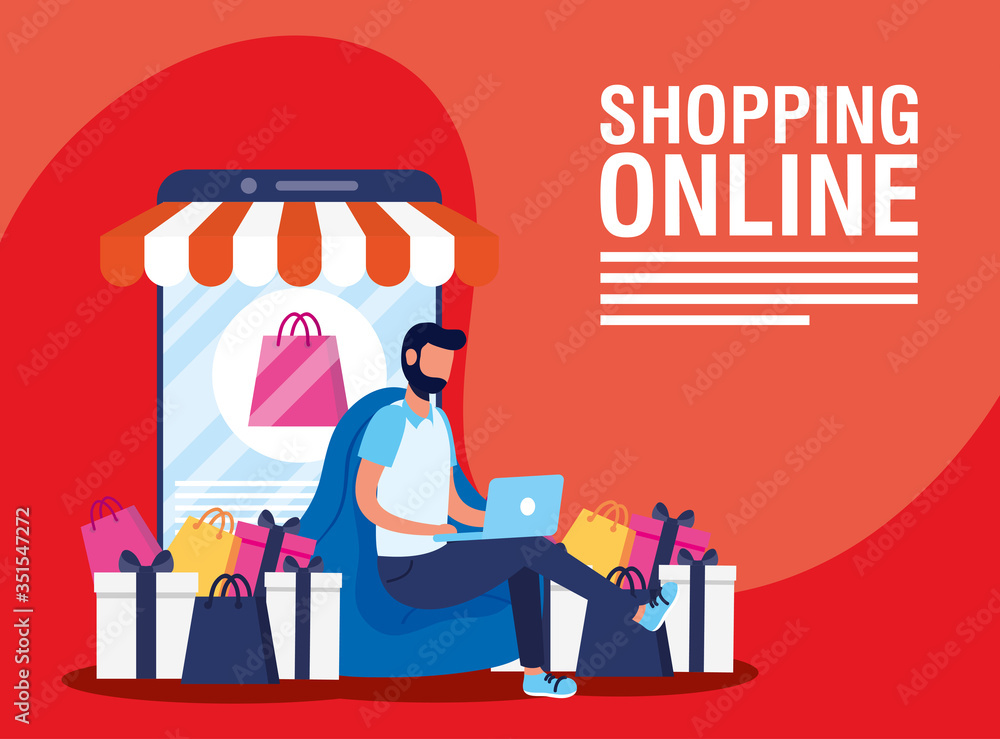 Poster man using shopping online tech in smartphone and laptop