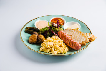 English breakfast scrambled egg sausage toast
