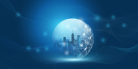 Smart City, Cloud Computing Design Concept with Transparent Globe and Wireframe - Digital Network Connections, Technology Background