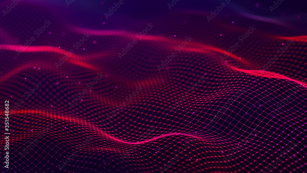 Poster Abstract futuristic wave background. Network connection dots and lines. Digital background. 3d