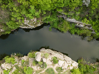 Aerial view to granite Buky Canyon on the Hirskyi Takich river in Ukraine