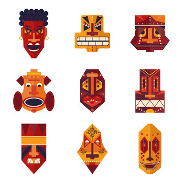 Ugly terrible cartoon tribal African masks, vector collection