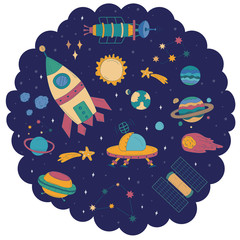Vector collection of colorful drawn cosmic objects.