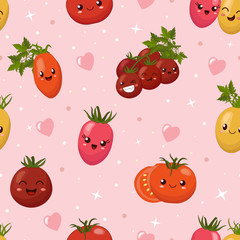 Cute cartoon emoji tomatoes, seamless vector background.