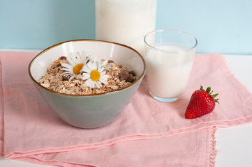 Breakfast with muesli, strawberry and glass of milk. Morning food. Healthy.