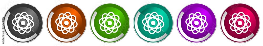 Poster atom icon set, silver metallic chrome border vector web buttons in 6 colors options for webdesign