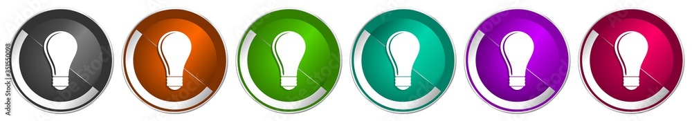 Poster bulb icon set, silver metallic chrome border vector web buttons in 6 colors options for webdesign