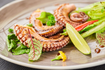 Seafood octopus or squid tentacles on a plate decorated with lime and lettuce. Decoration of flowers and herbs spices. A dish from the chef for serving