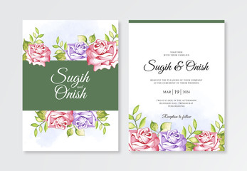 Wedding invitation card template with flower painting watercolor
