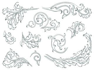 Antique ornament in style baroque of acanthus leaves. Vector black and white set.