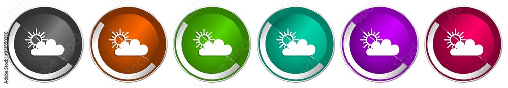 Poster cloud icon set, silver metallic chrome border vector web buttons in 6 colors options for webdesign
