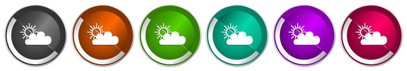 Cloud icon set, silver metallic chrome border vector web buttons in 6 colors options for webdesign