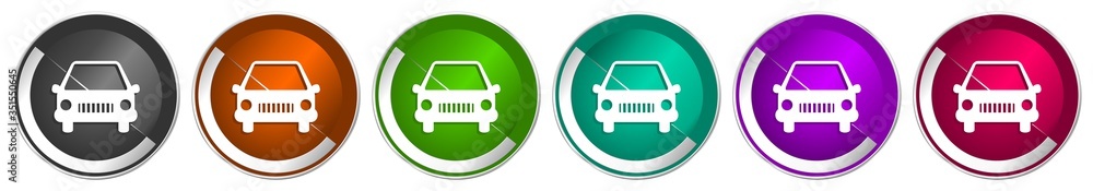 Poster Car icon set, silver metallic chrome border vector web buttons in 6 colors options for webdesign
