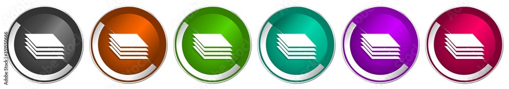 Poster layers icon set, silver metallic chrome border vector web buttons in 6 colors options for webdesign