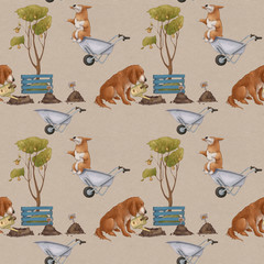 Dogs plant a garden. Corgi governs, puppies work. Spring. Seamless pattern on a light beige background. - 351550662