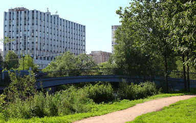 Novo-Andreyevskiy bridge over the river Smolenka Saint Petersburg Russia July 2017