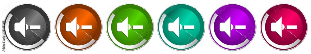 Leinwandbilder speaker volume icon set, silver metallic chrome border vector web buttons in 6 colors options for we