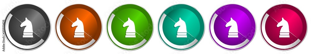 Fototapete chess horse icon set, silver metallic chrome border vector web buttons in 6 colors options for webde