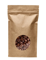 Blank brown paper bag with coffee beans in transparent window isolated on white background including clipping path