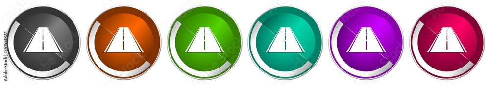 Poster Road icon set, silver metallic chrome border vector web buttons in 6 colors options for webdesign