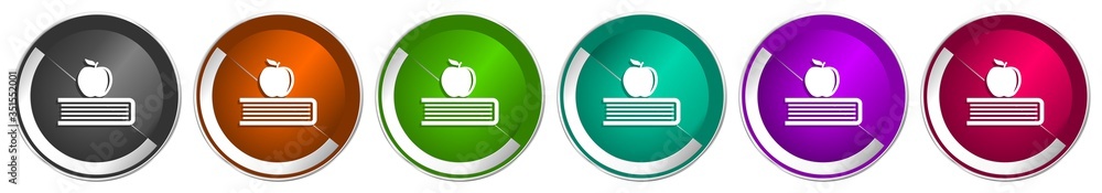 Fototapete apple icon set, education, knowledge silver metallic chrome border vector web buttons in 6 colors op