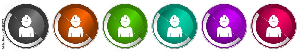 Aufkleber engineer icon set, worker, manager, employe silver metallic chrome border vector web buttons in 6 co