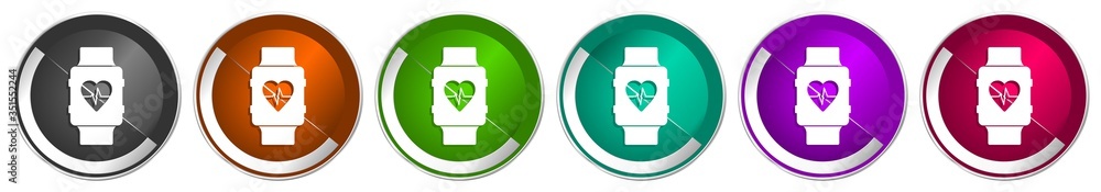 Aufkleber smartwatch icon set, smart watch, fitness silver metallic chrome border vector web buttons in 6 colo
