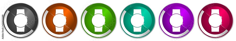 Aufkleber smartwatch icon set, smart watch silver metallic chrome border vector web buttons in 6 colors option